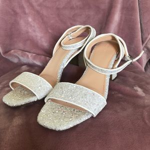White glitter block heeled sandals